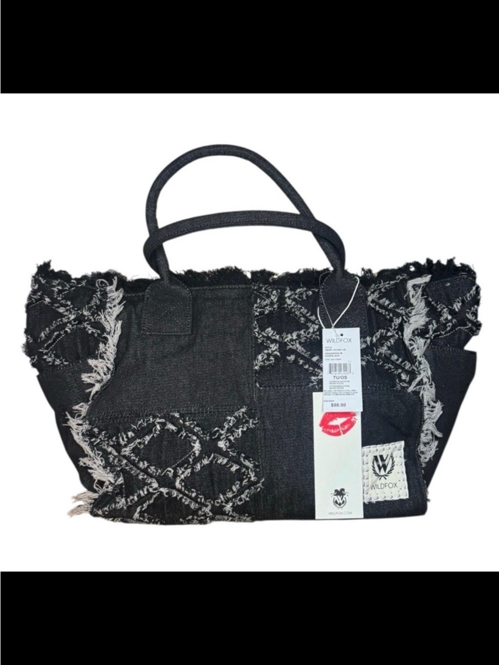 WILDFOX Black Frayed Denim Tote with Contrast Stitching